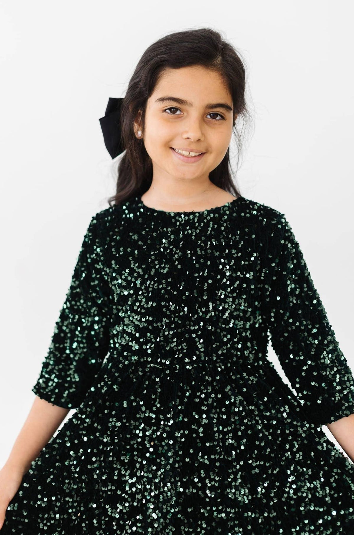 Mila & Rose hunter green sequin dress for girls with long sleeves and sparkling sequins