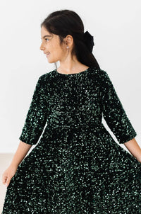 Hunter green sequin dress for girls with three-quarter sleeves and full skirt by Mila & Rose