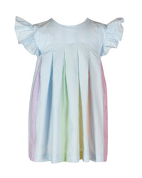 Light blue girls swing dress with flutter sleeves and colorful rainbow pleat accents down the front for twirling and parties.