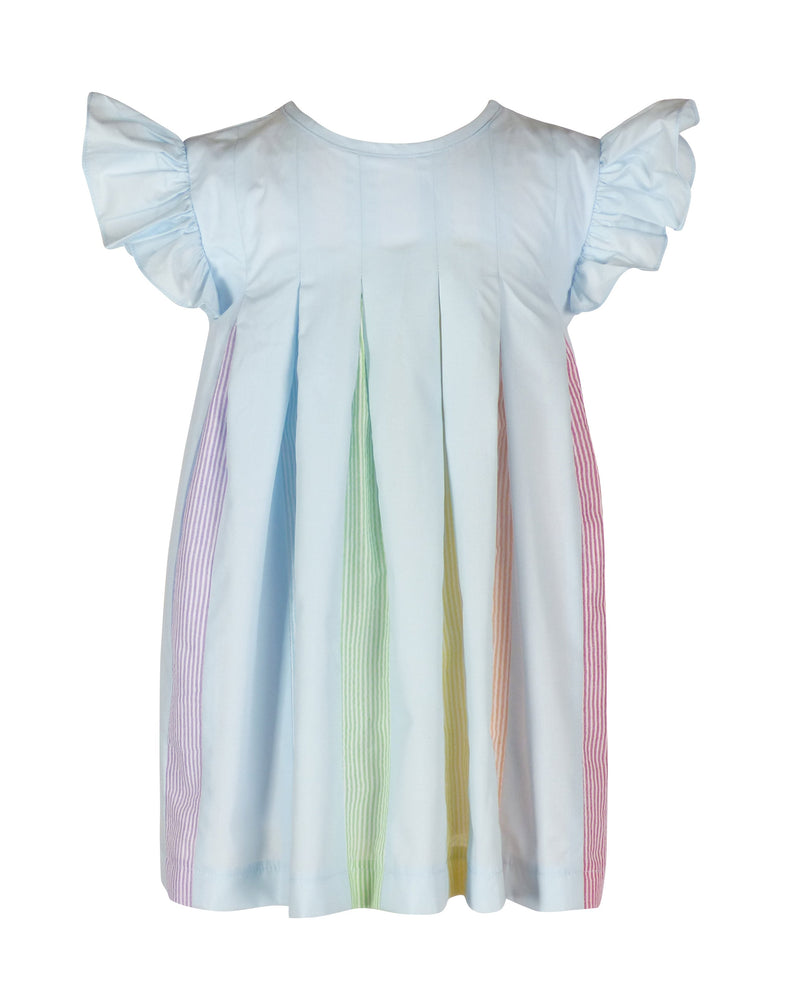 Light blue girls swing dress with flutter sleeves and colorful rainbow pleat accents down the front for twirling and parties.