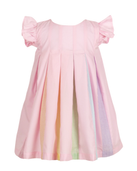 Pink girls swing dress with flutter sleeves and rainbow pleated detail. Perfect party dress for twirling. Back zip closure.