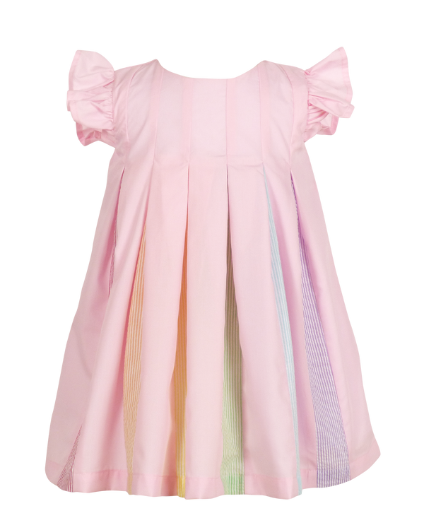 Pink girls swing dress with flutter sleeves and rainbow pleated detail. Perfect party dress for twirling. Back zip closure.