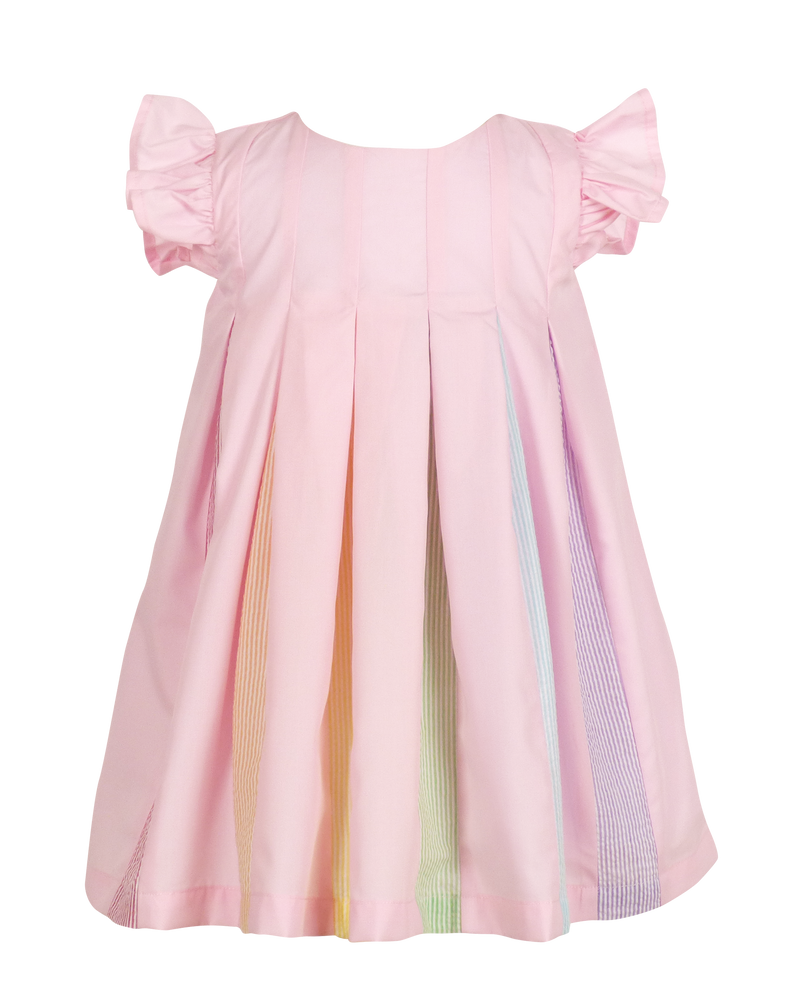 Pink girls swing dress with flutter sleeves and rainbow pleated detail. Perfect party dress for twirling. Back zip closure.