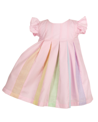 Pink girls swing dress with flutter sleeves and rainbow pleated accents, perfect for parties or twirling.