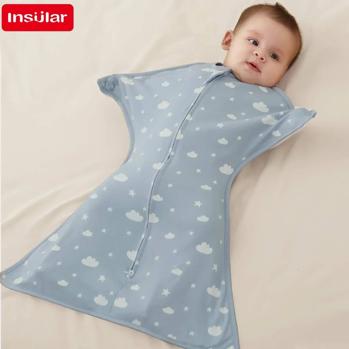 Blue breathable cotton baby sleep sack with cloud and star pattern on infant