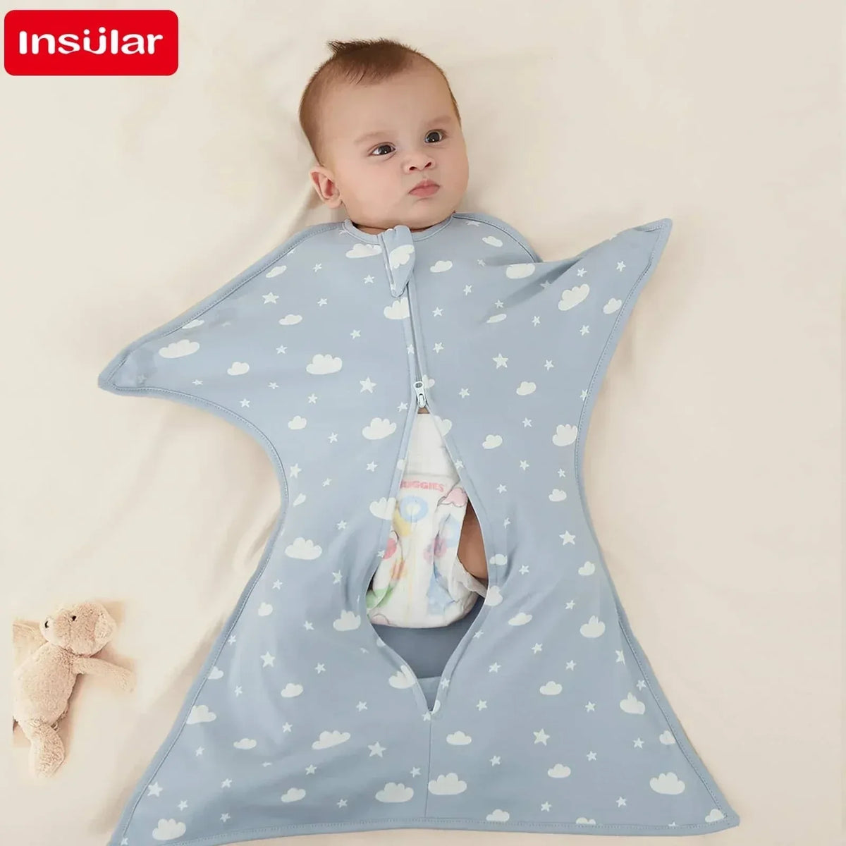 Light blue breathable cotton baby sleep sack with white cloud and star patterns on infant