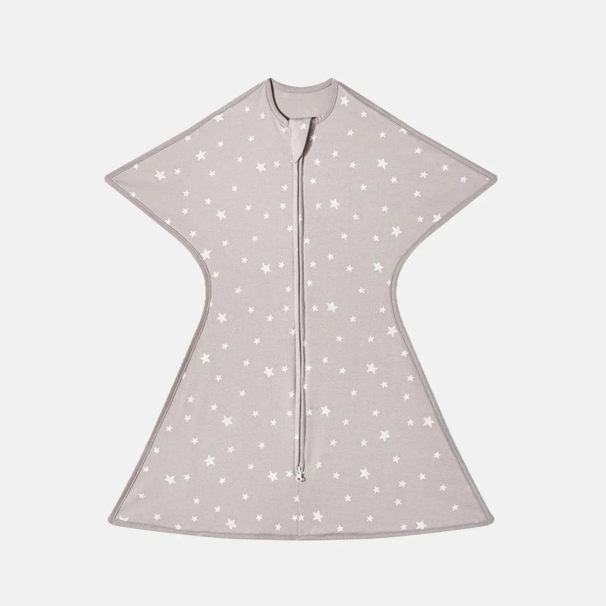 Gray breathable cotton baby sleep sack with white star pattern and front zipper closure