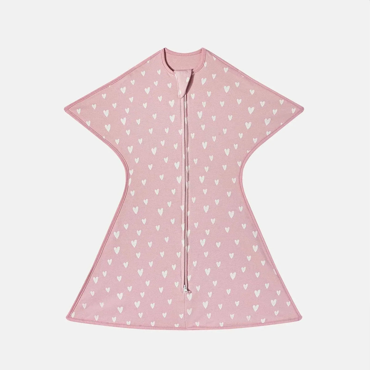 Pink breathable cotton baby sleep sack with white heart patterns and front zipper closure