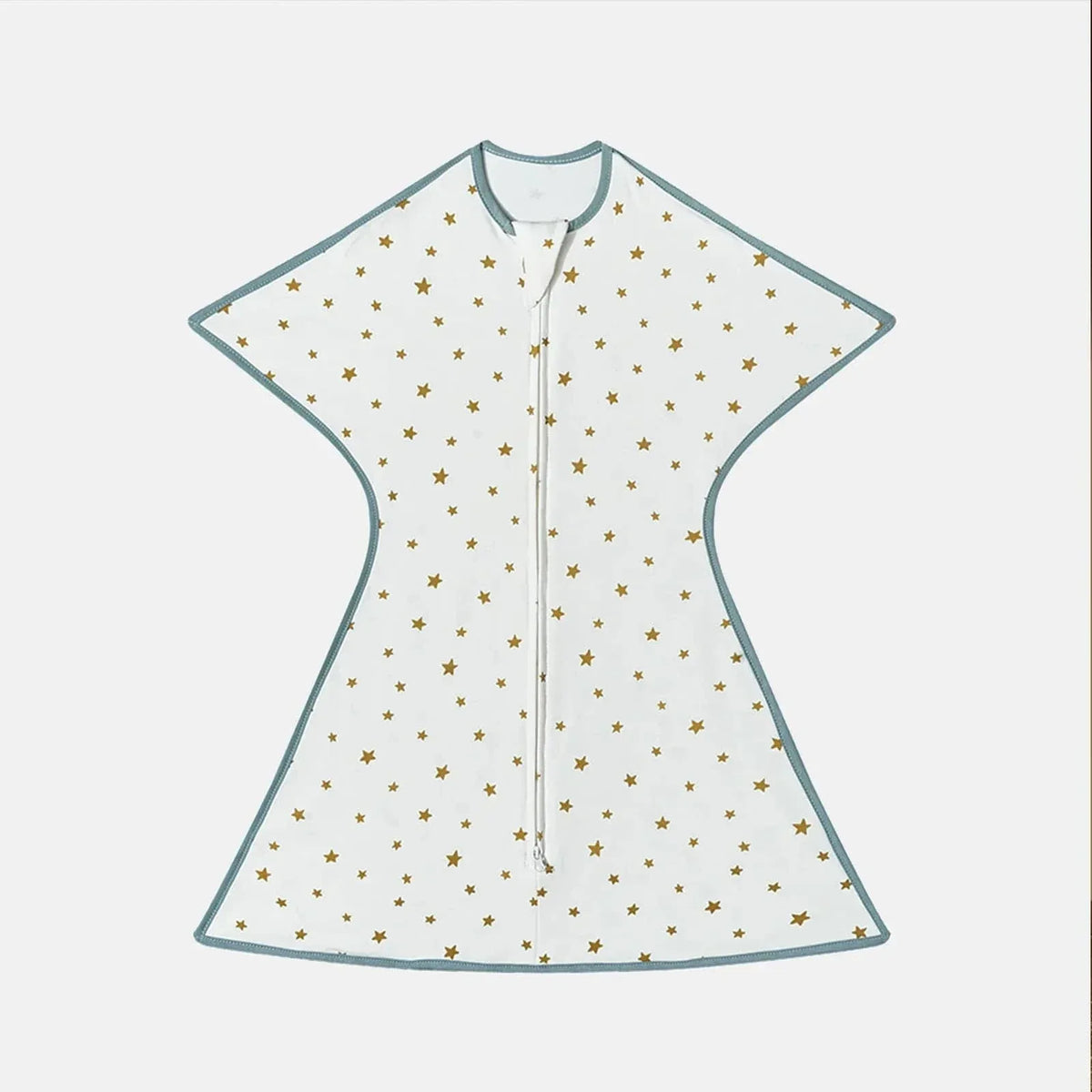 White breathable cotton baby sleep sack with gold star pattern and teal trim for infants