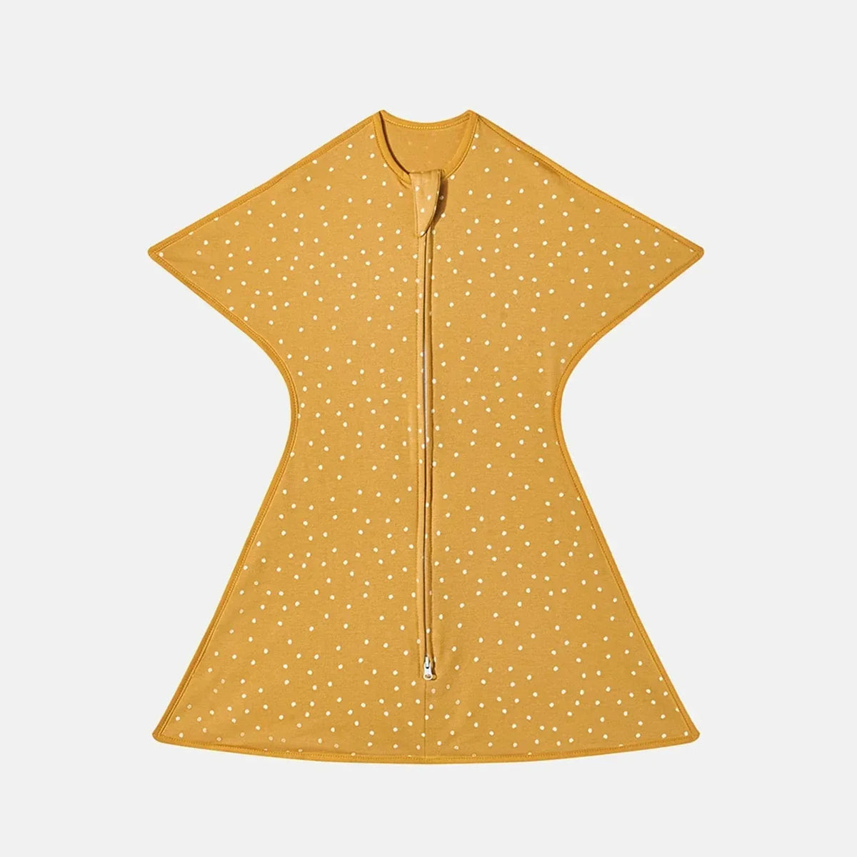 Mustard yellow breathable cotton baby sleep sack with white polka dots and front zipper closure