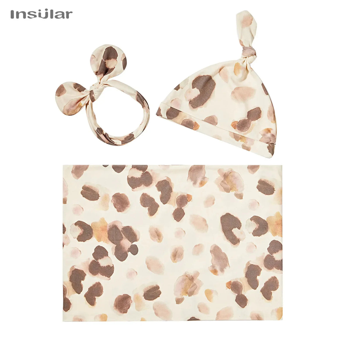 floral baby swaddle blanket set in beige and brown with matching knotted hat and headband for infants