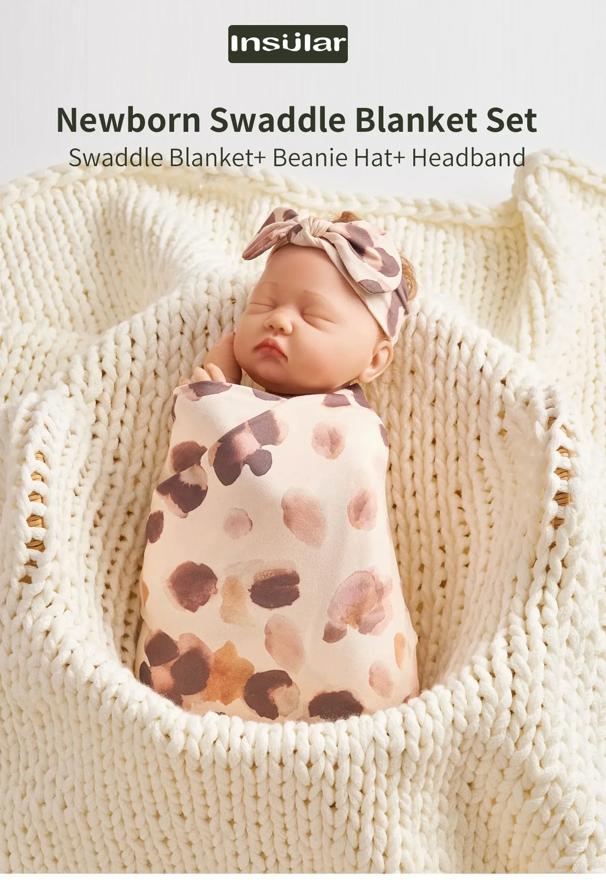 floral baby swaddle blanket set for newborns in soft pink and brown with matching headband and beanie hat