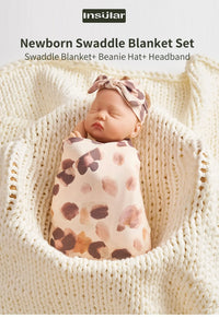 floral baby swaddle blanket set for newborns in soft pink and brown with matching headband and beanie hat