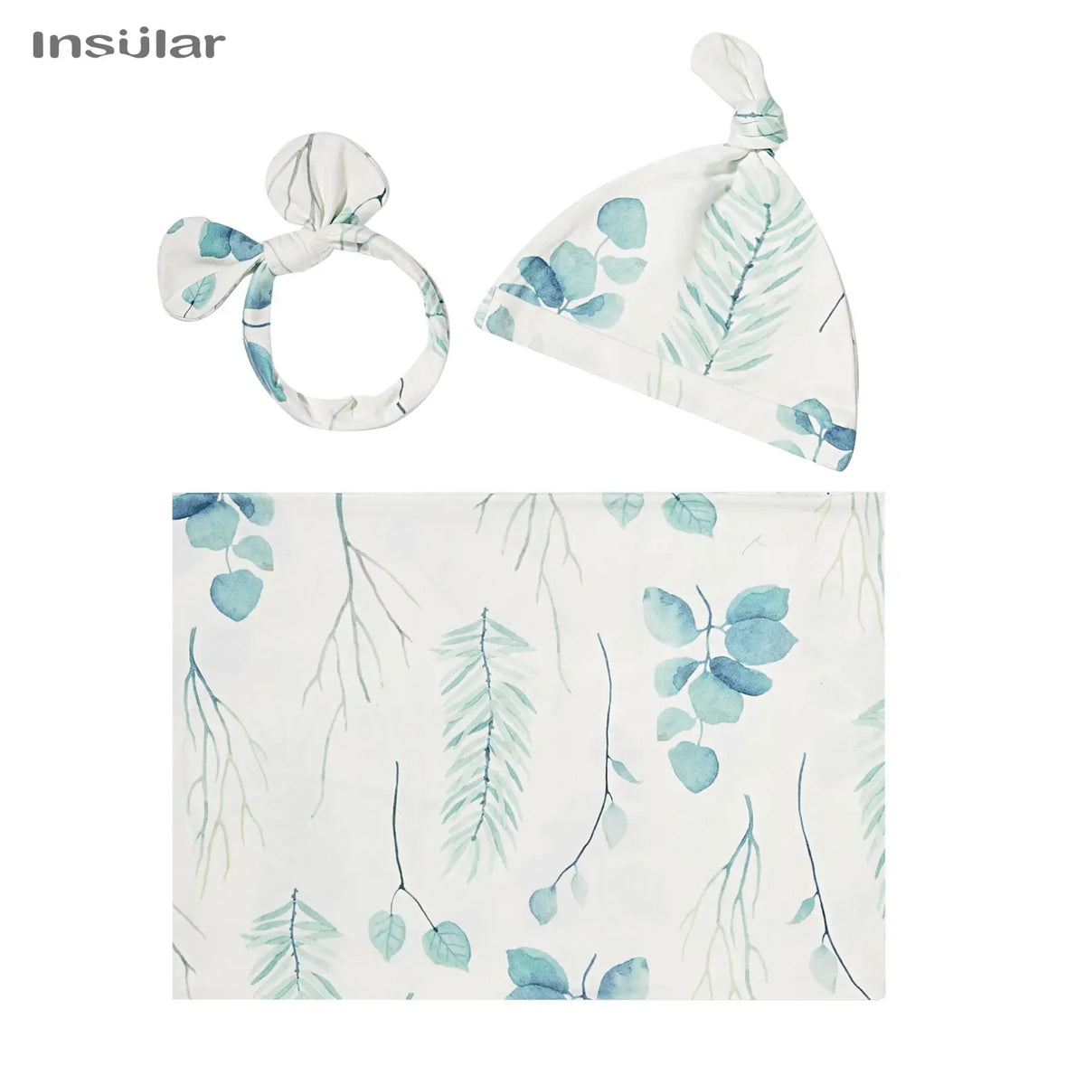white and blue floral baby swaddle blanket set with hat and headband for newborns