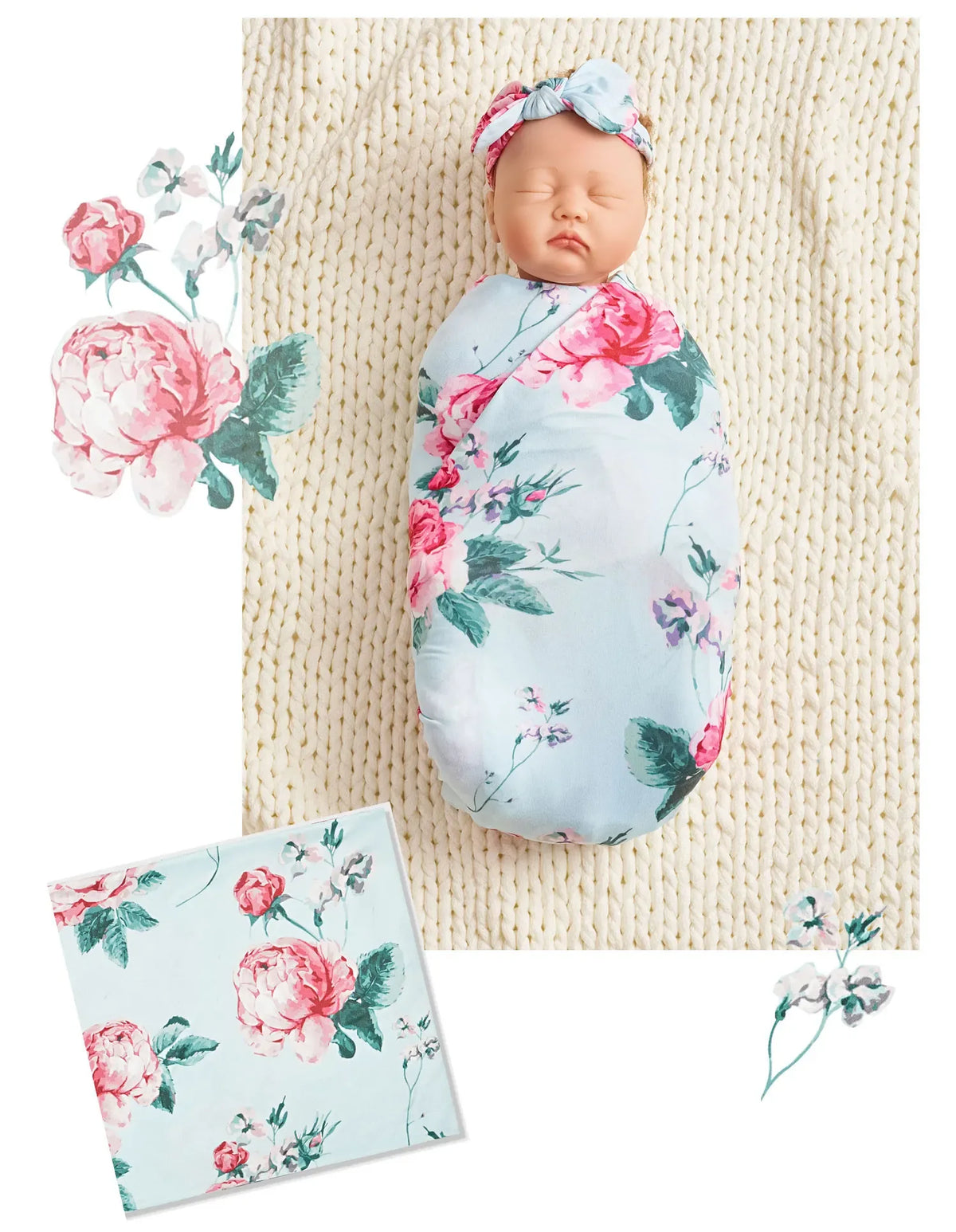 Floral baby swaddle blanket set with pink and green flowers on light blue fabric, newborn size with matching headband