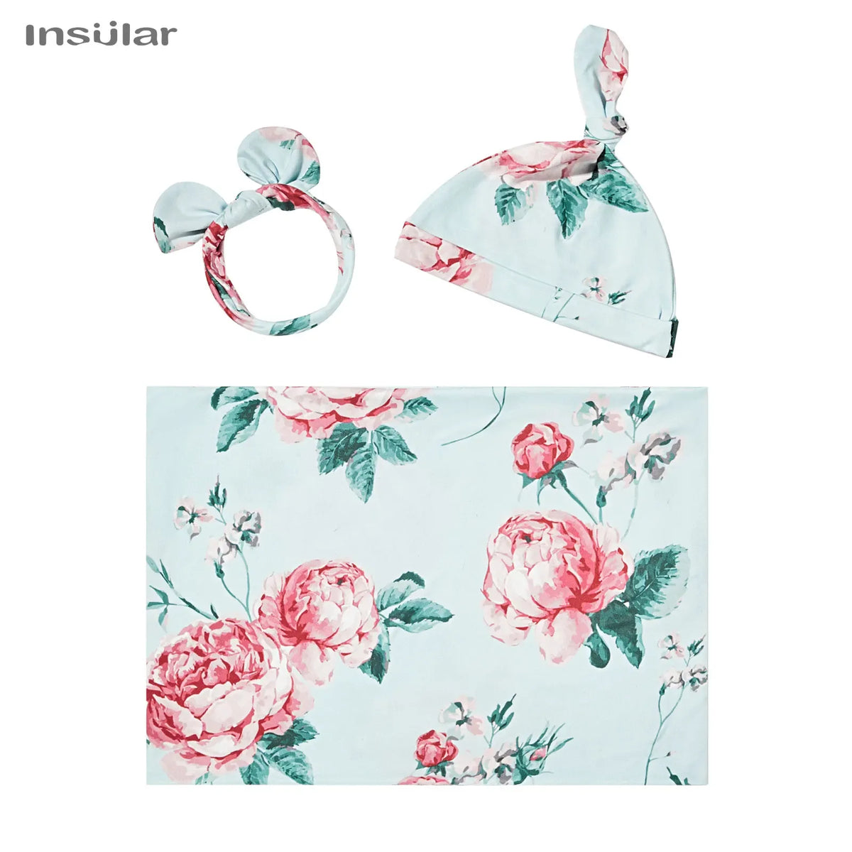 floral baby swaddle blanket set in light blue with pink flowers including newborn hat and headband
