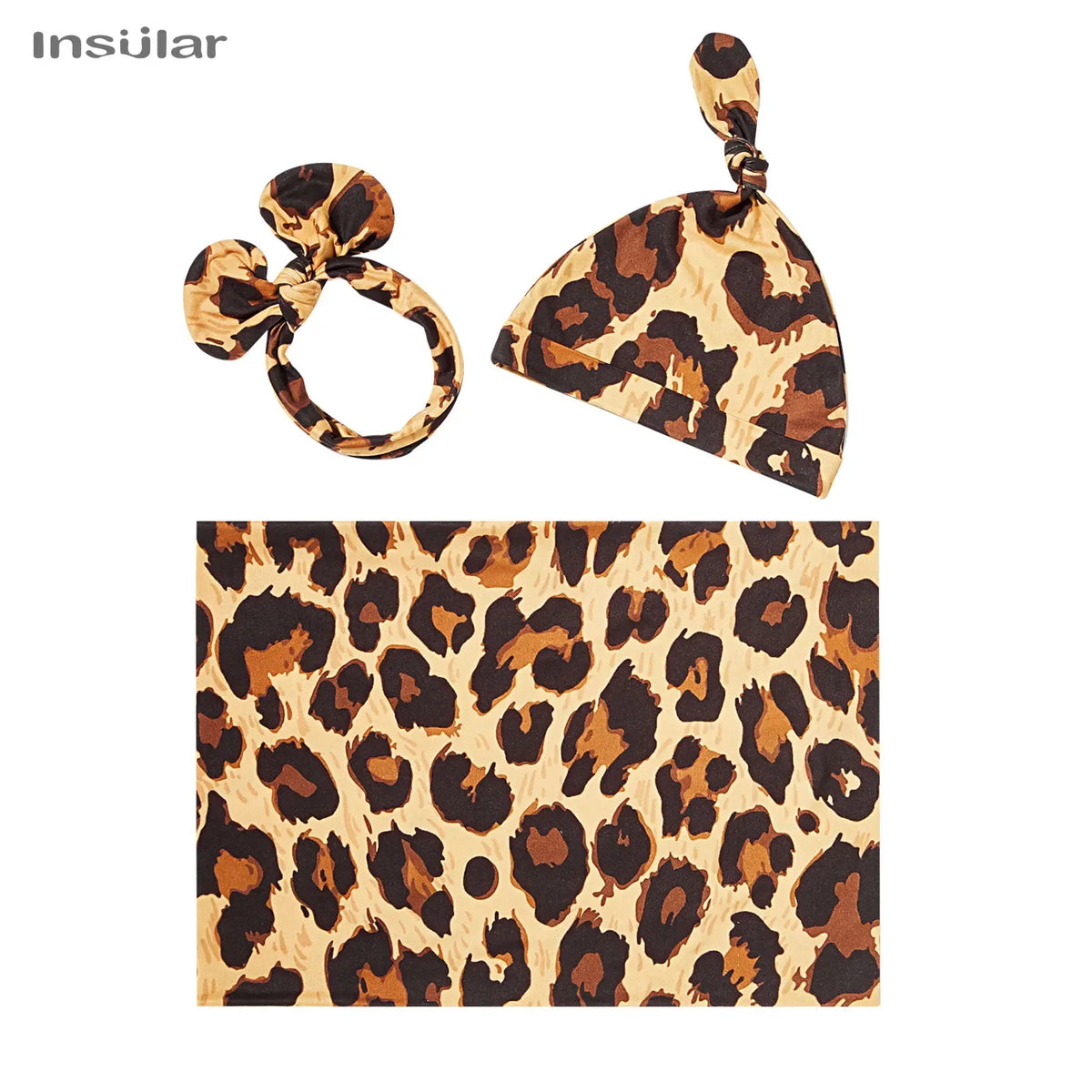 leopard print floral baby swaddle blanket set with matching knotted hat and headband for newborns
