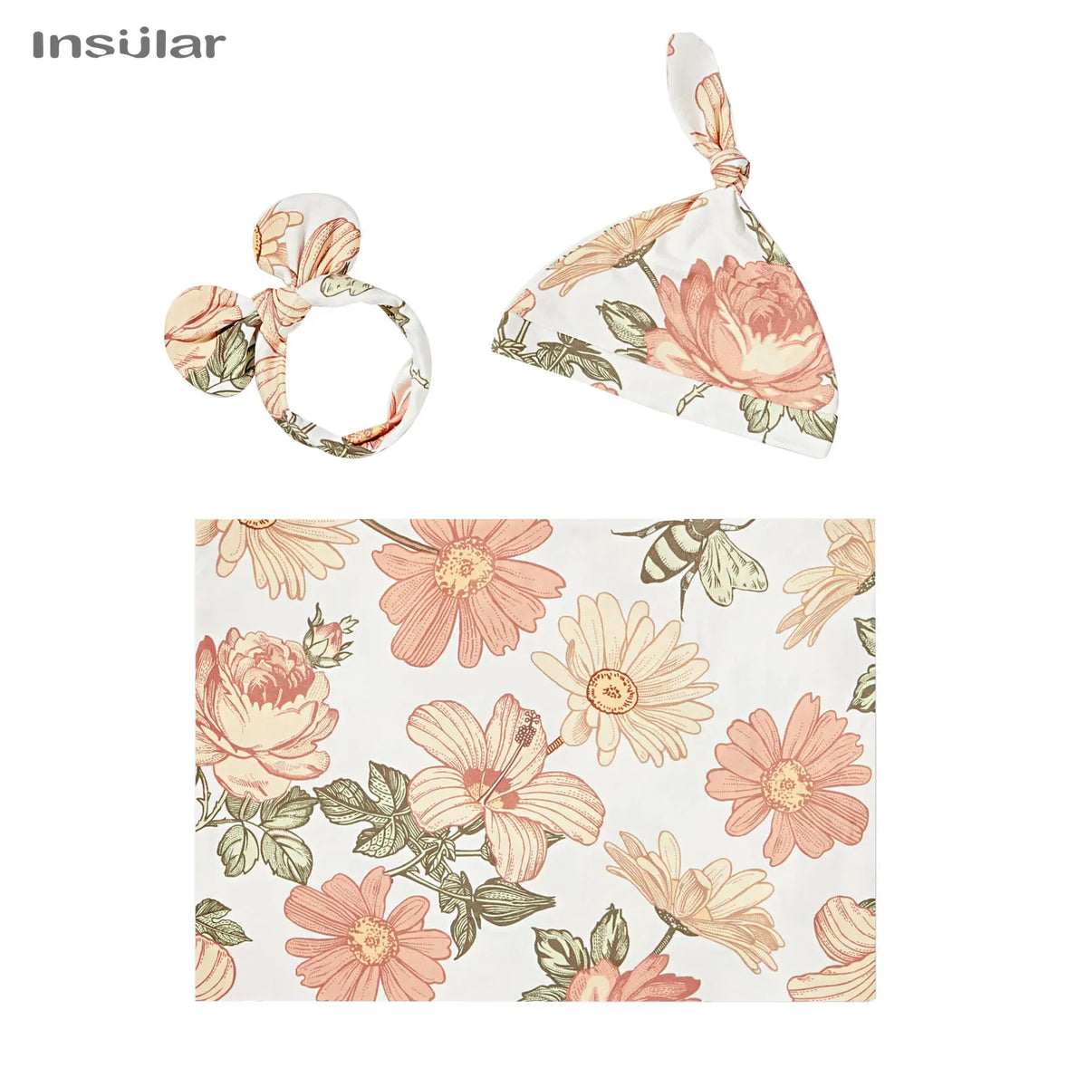 floral baby swaddle blanket set with pink and peach flowers includes swaddle, hat, and headband for newborns