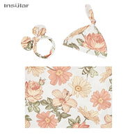 floral baby swaddle blanket set with pink and peach flowers includes swaddle, hat, and headband for newborns