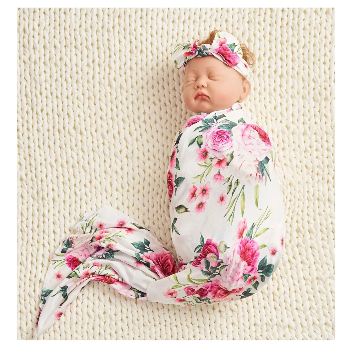 newborn floral baby swaddle blanket set in white with pink flower print and matching headband