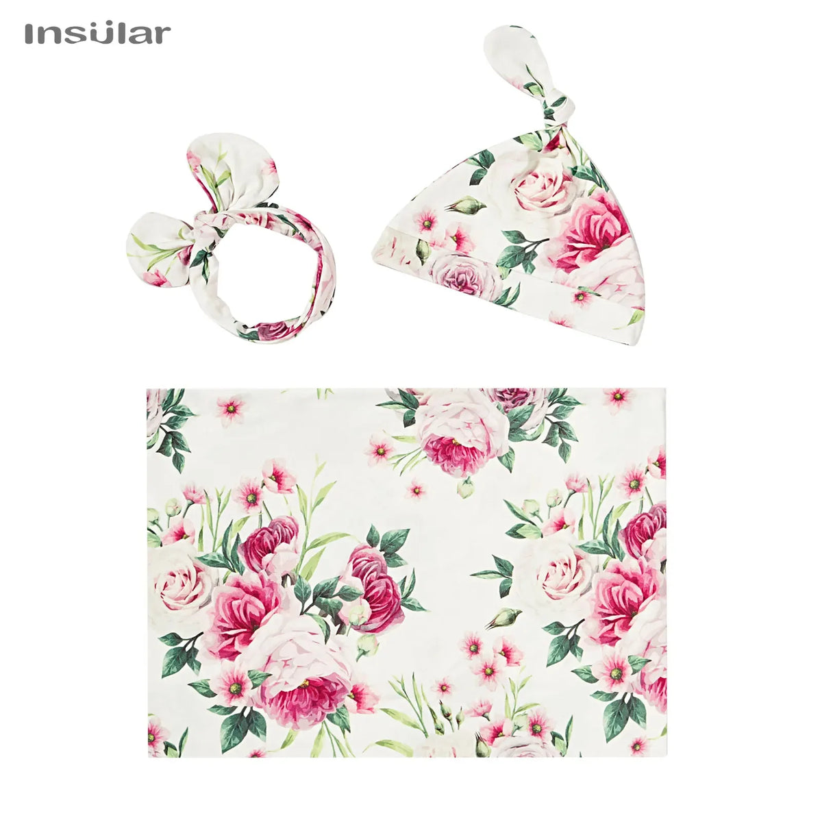 floral baby swaddle blanket set with pink and white flowers including a blanket, hat, and headband for newborns