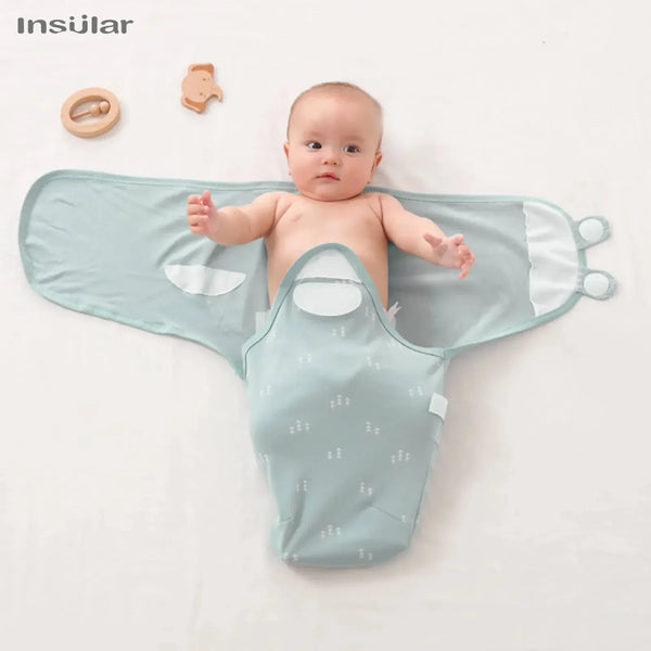 Light blue cotton swaddle bags for babies with adjustable wings and secure fasteners