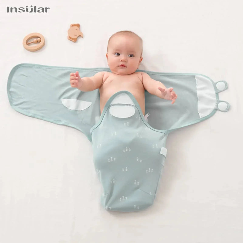 Light blue cotton swaddle bags for babies with adjustable wings and secure fasteners