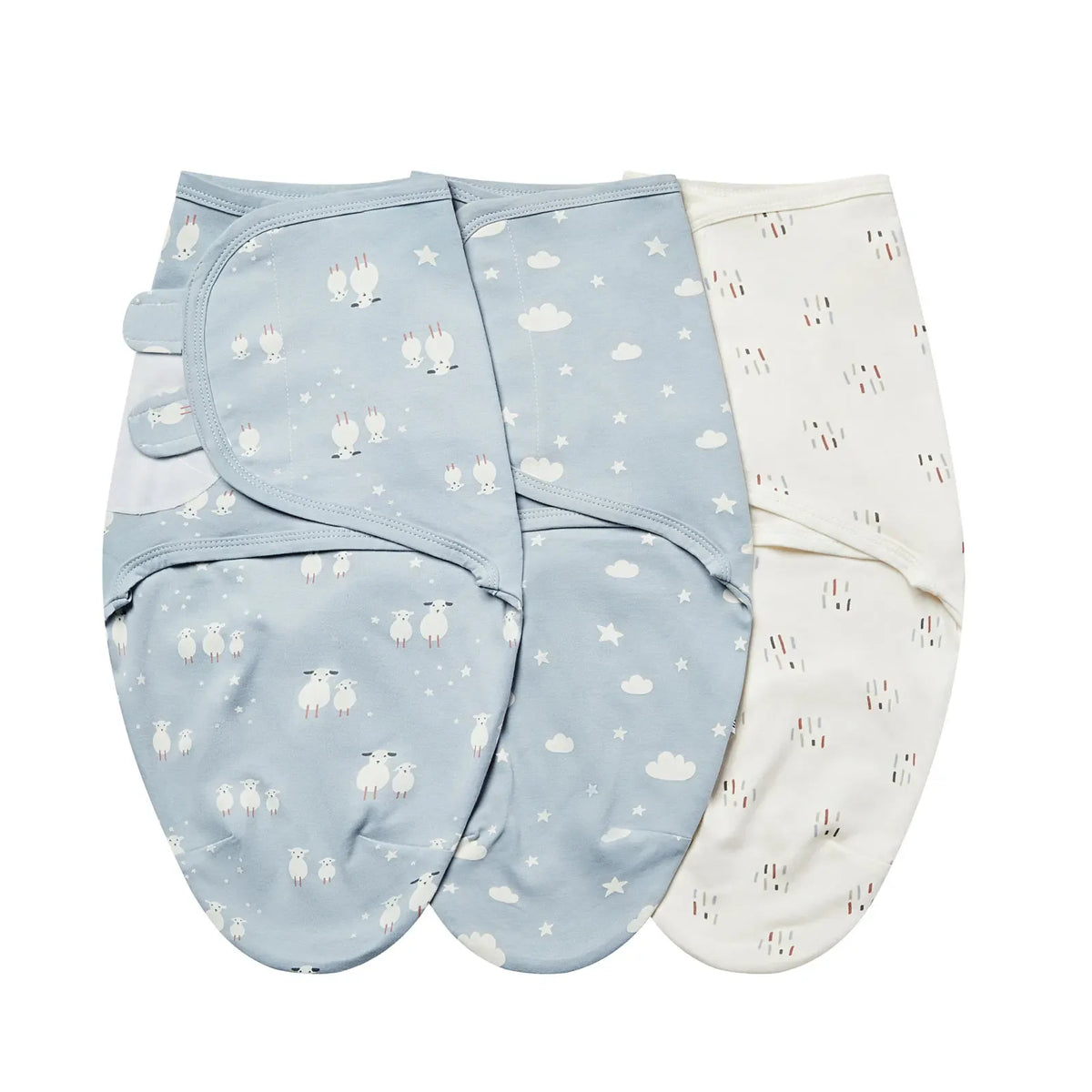 Blue and white cotton swaddle bags for babies with animal and cloud patterns set of three