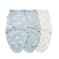 Blue and white cotton swaddle bags for babies with animal and cloud patterns set of three