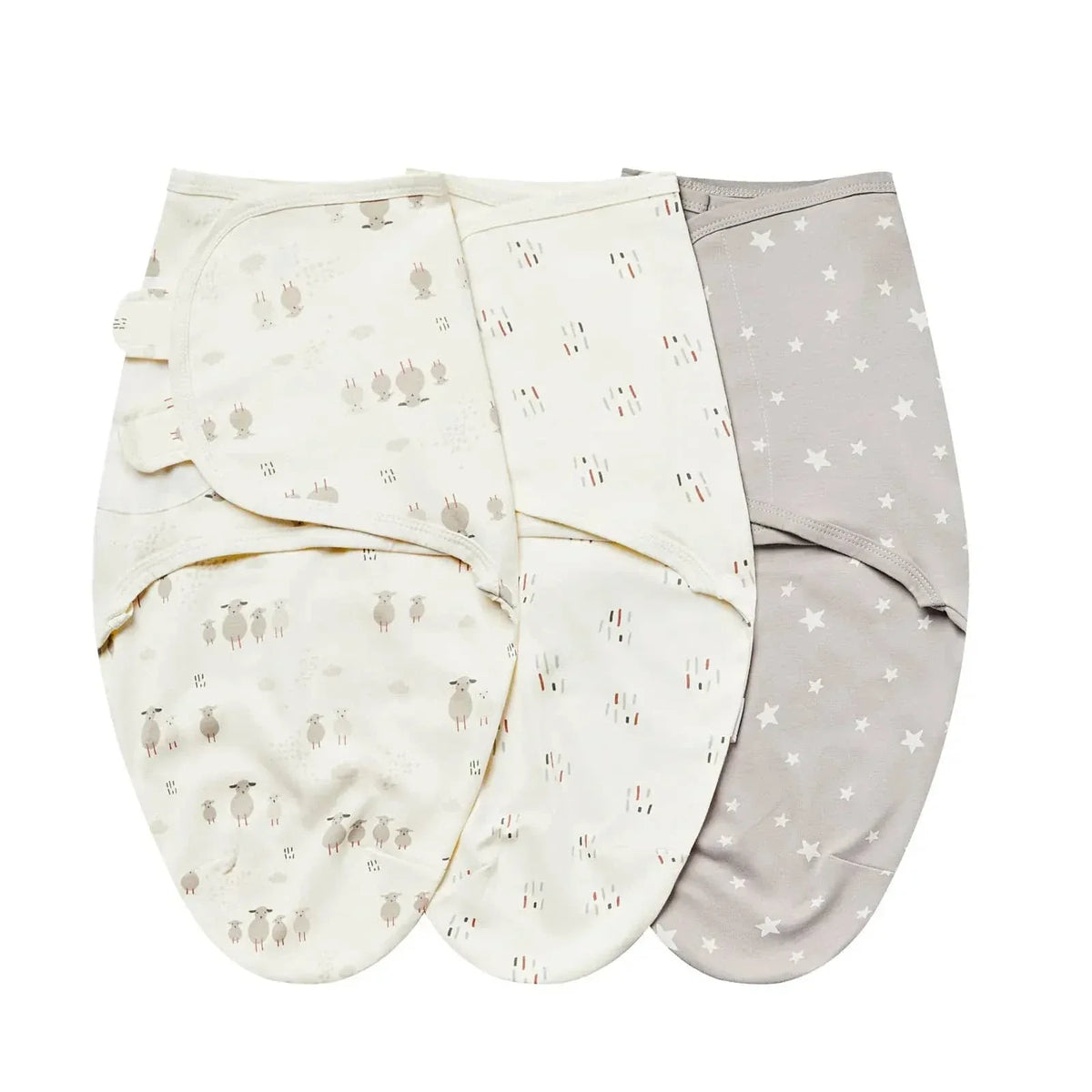 Set of three cotton swaddle bags for babies in beige and gray with animal and star prints