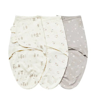 Set of three cotton swaddle bags for babies in beige and gray with animal and star prints
