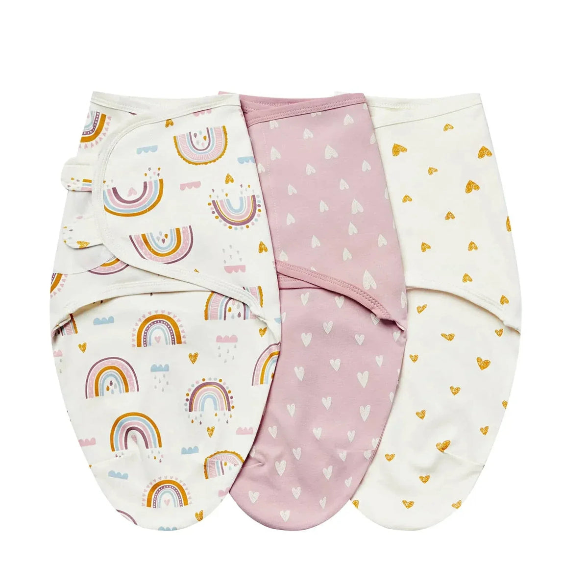 Set of three cotton swaddle bags for babies in white with rainbow, pink with white hearts, and white with yellow hearts