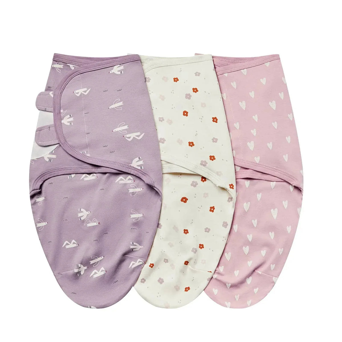 Purple, white, and pink cotton swaddle bags for babies with bird, floral, and heart patterns