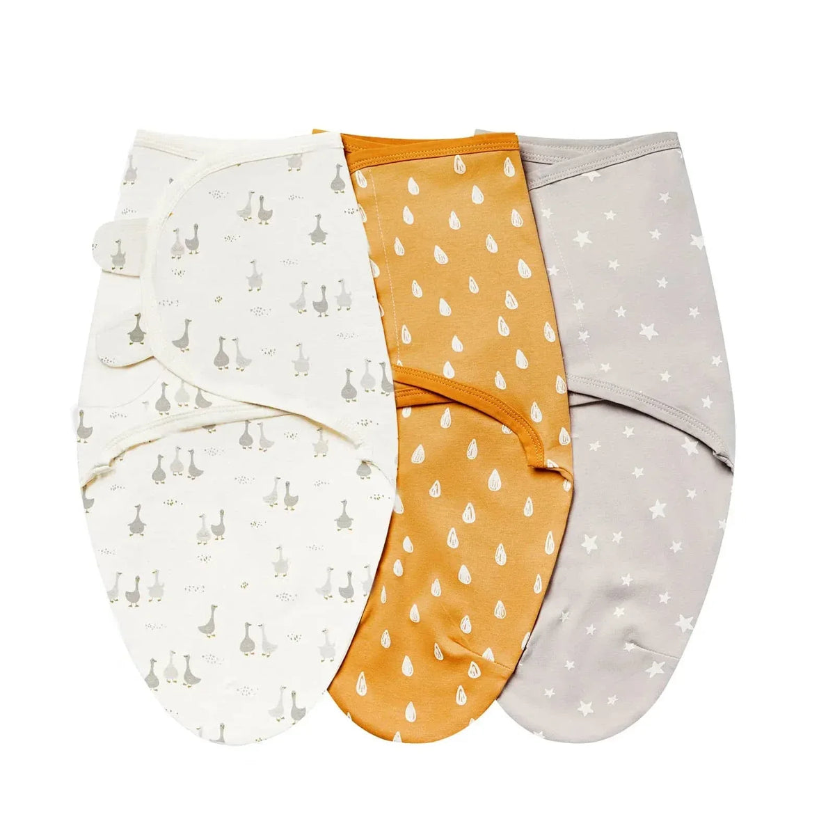 Set of three cotton swaddle bags for babies in white with animal print, mustard with raindrop pattern, and gray with star design