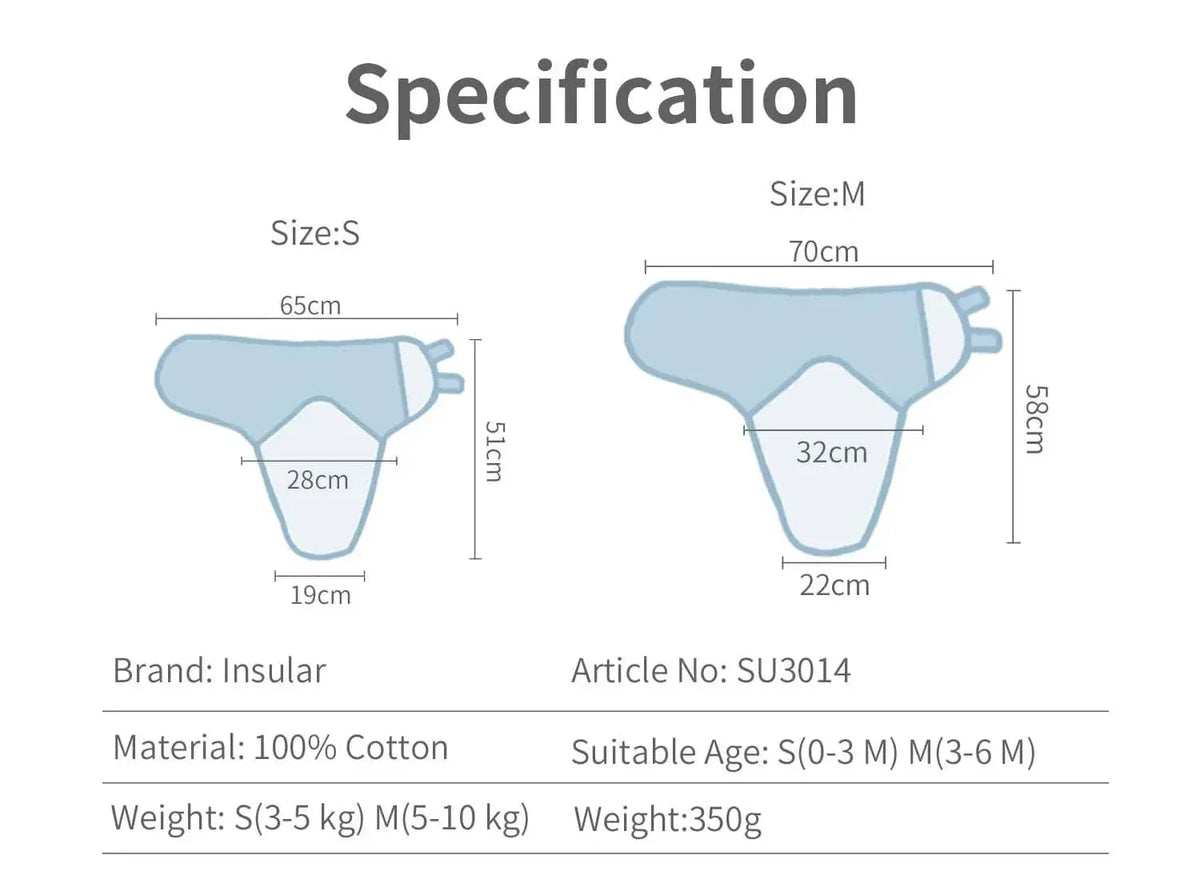 Blue cotton swaddle bags for babies in sizes small and medium with detailed measurements