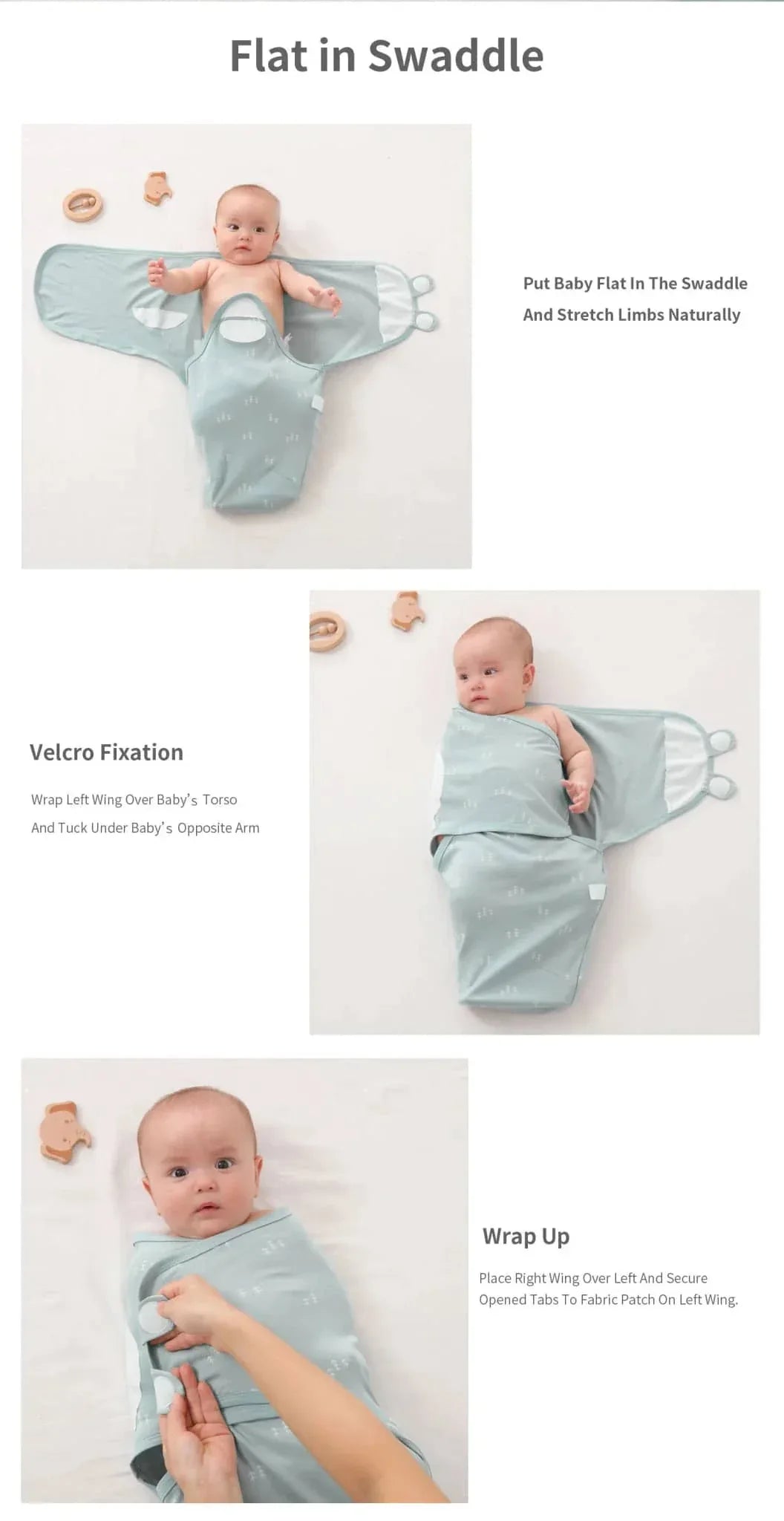 Light blue cotton swaddle bags for babies showing flat lay, velcro fixation, and wrap-up steps