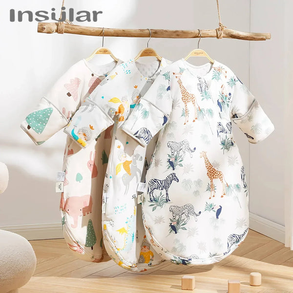 White cotton toddler sleep sack with zipper featuring colorful animal prints including giraffes, zebras, and elephants