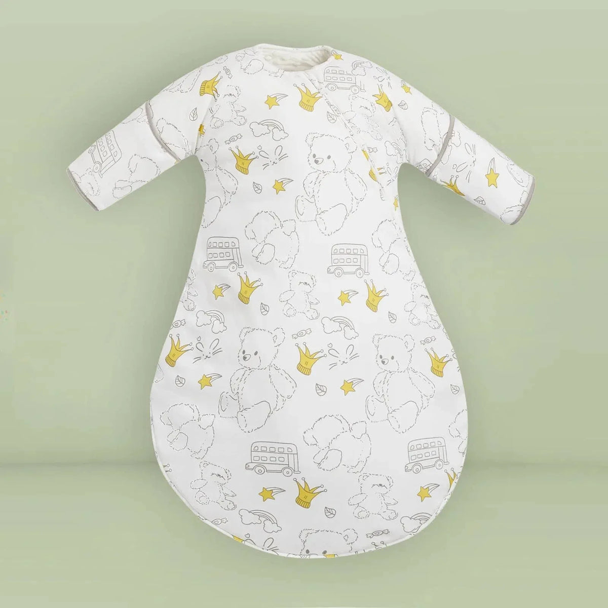 White cotton toddler sleep sack with zipper featuring teddy bear and crown prints in yellow and gray