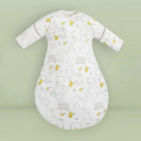 White cotton toddler sleep sack with zipper featuring teddy bear and crown prints in yellow and gray
