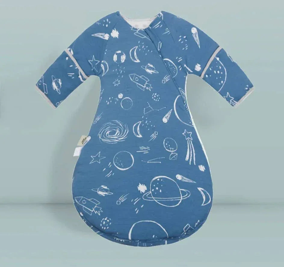 Blue cotton toddler sleep sack with zipper featuring white space-themed prints and long sleeves