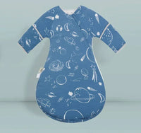 Blue cotton toddler sleep sack with zipper featuring white space-themed prints and long sleeves