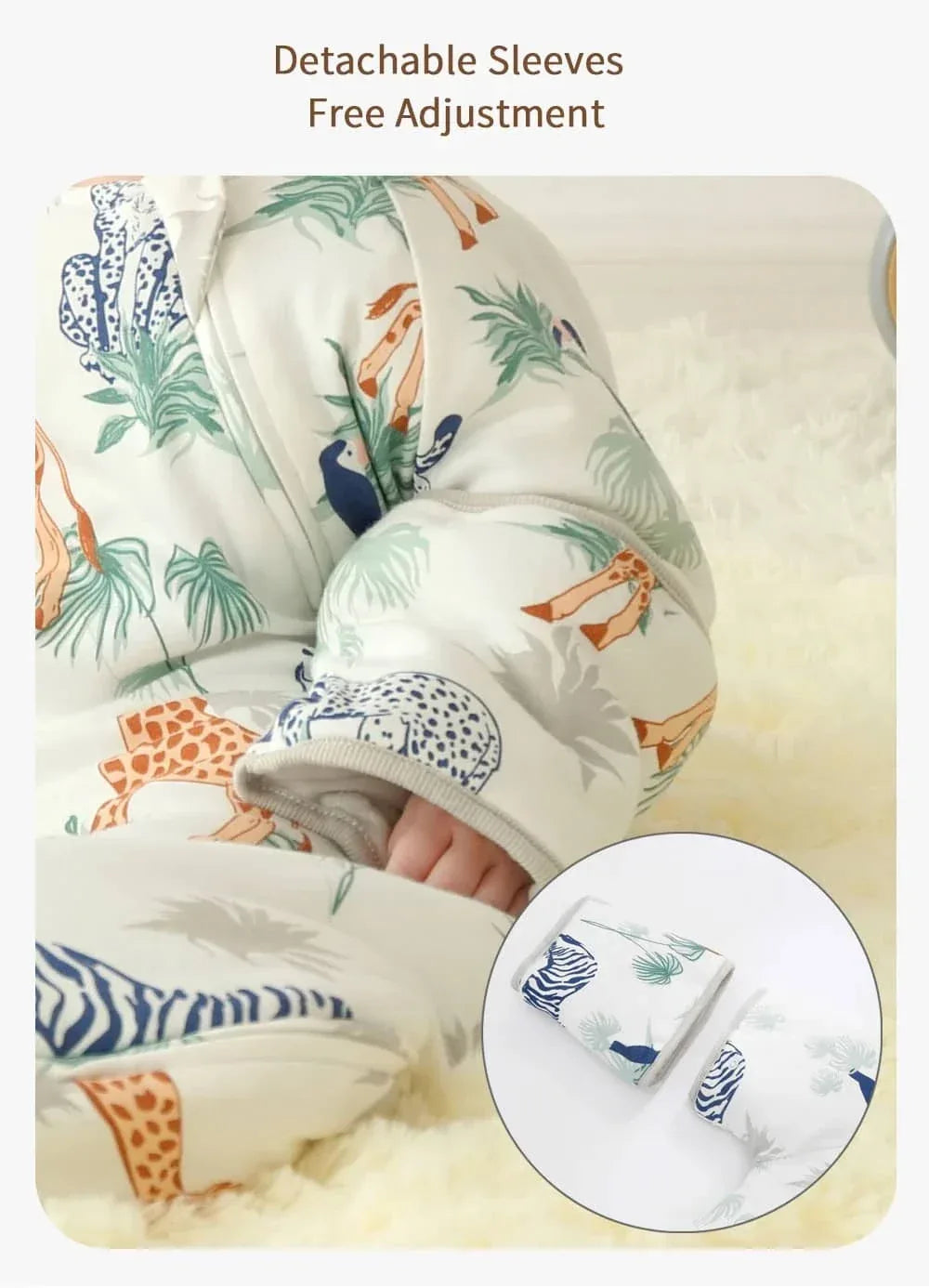 White cotton toddler sleep sack with zipper featuring colorful safari animal prints and detachable sleeves