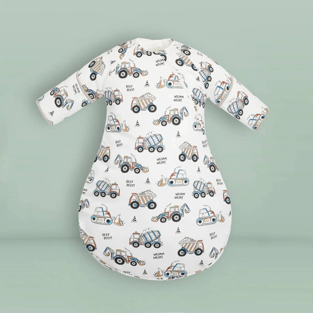 White cotton toddler sleep sack with zipper featuring blue and brown construction truck prints
