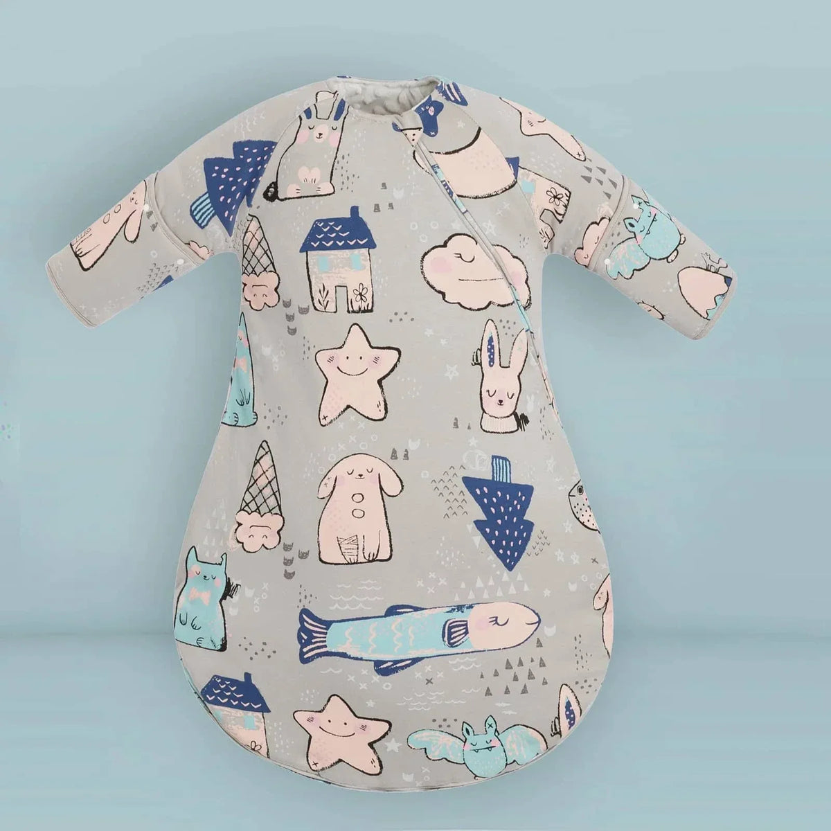 Gray toddler sleep sack with zipper featuring pastel animal and star prints made of soft cotton material