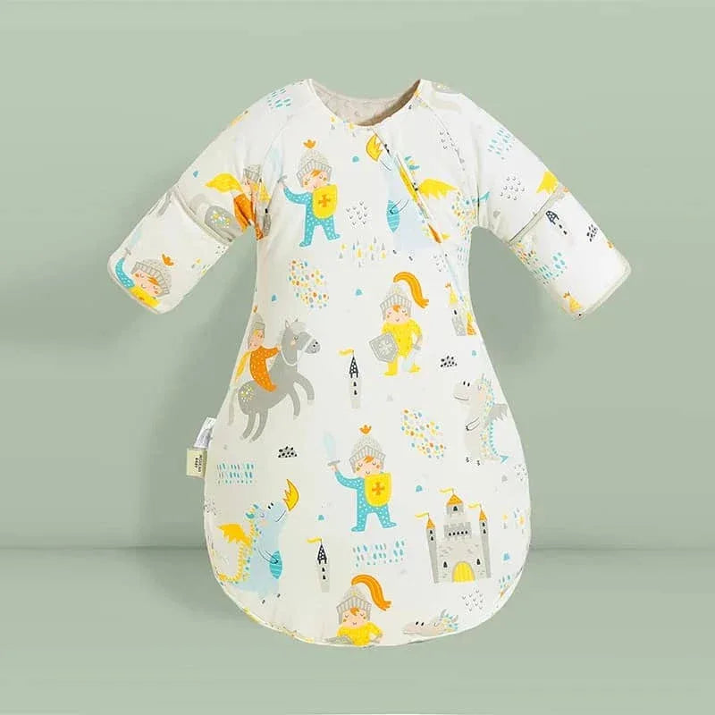 White cotton toddler sleep sack with zipper featuring colorful knight and castle print