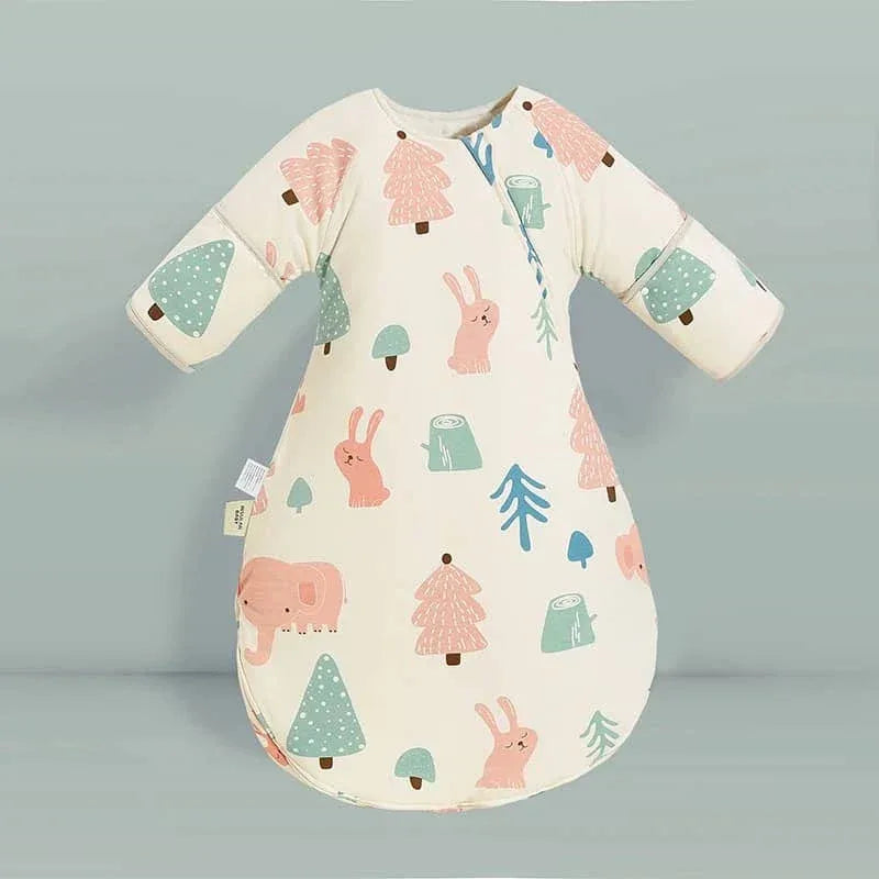 Cream toddler sleep sack with zipper featuring pink rabbits and green trees made of soft cotton