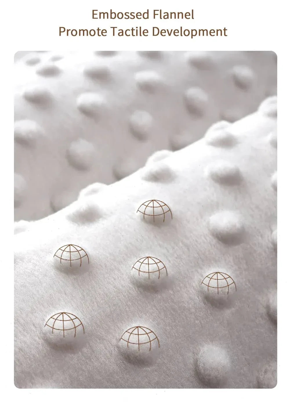 White embossed flannel fabric promoting tactile development for toddler sleep sack with zipper