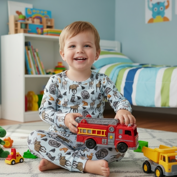 Happy toddler playing with a toy fire truck while wearing cozy, forest-animal print big kid pajamas in a playroom.
