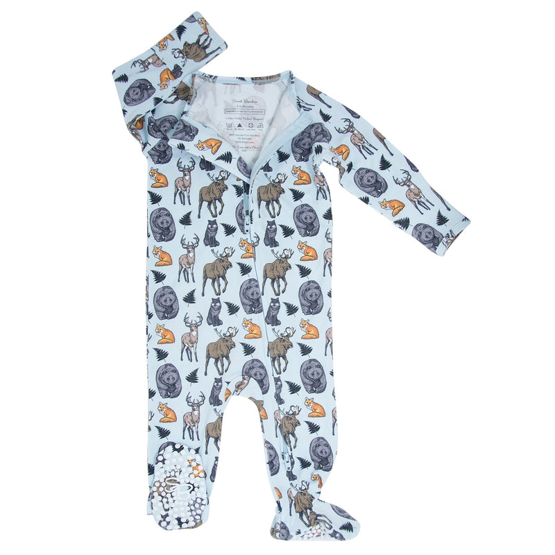 Into the Wild Zipper Footie: light blue forest animal print baby romper with 2-way zipper and silicone foot grips.
