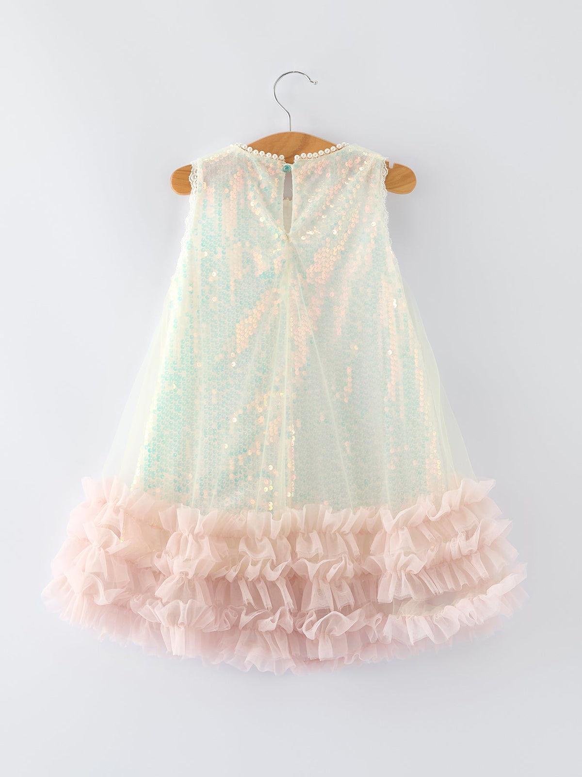 Rylee Faith Designs iridescent sequin girls dress with pale pink ruffle hem, sleeveless, toddler size